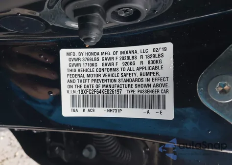 2019 Honda Civic Lx z USA, uszkodzony, nr VIN 19XFC2F64KE026197